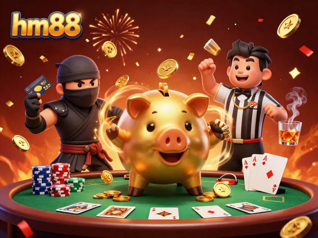 Experience the excitement of HM88 as a golden piggy bank sums up wins in a dynamic poker scene.