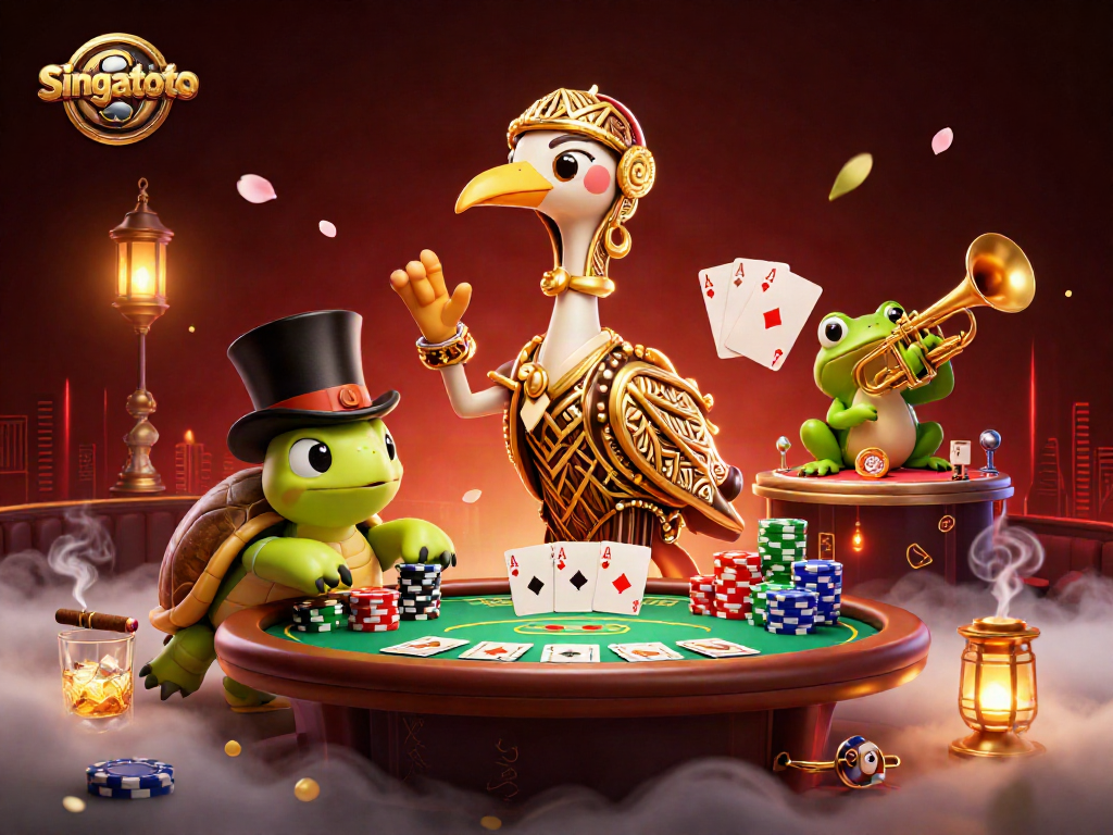 Join the excitement at singatoto as you play poker amidst lively characters in a vibrant speakeasy.