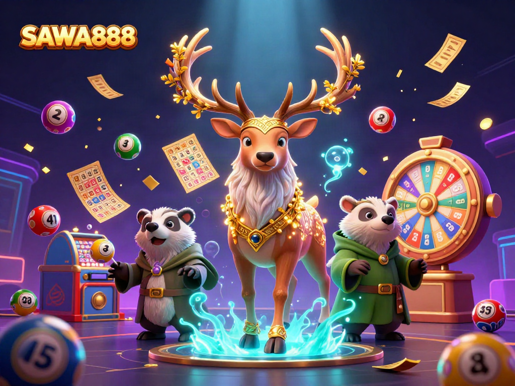 Engage with the vibrant SAWA888 lottery scene featuring dynamic elements like colorful balls and a wise druid stag.