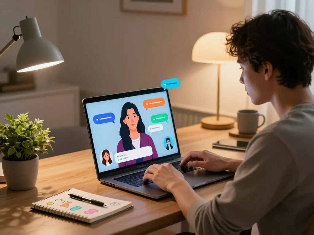Engaging ai sex chat scene with a virtual companion in a cozy home office setting.