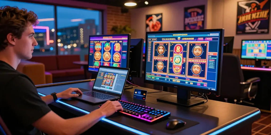 Player at sleek gaming desk with vibrant slot games and credit card, showcasing online casino experience on https://ecpc.org.uk