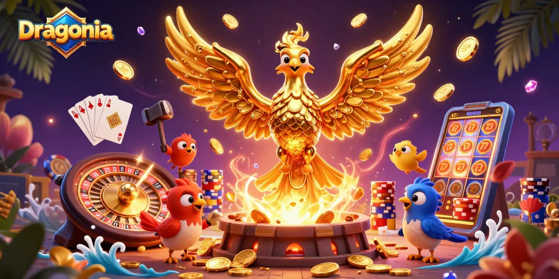 Plonger dans l'univers de Dragonia avec un phénix doré émergeant d'une forge, entouré de pièces et de jeux de casino.