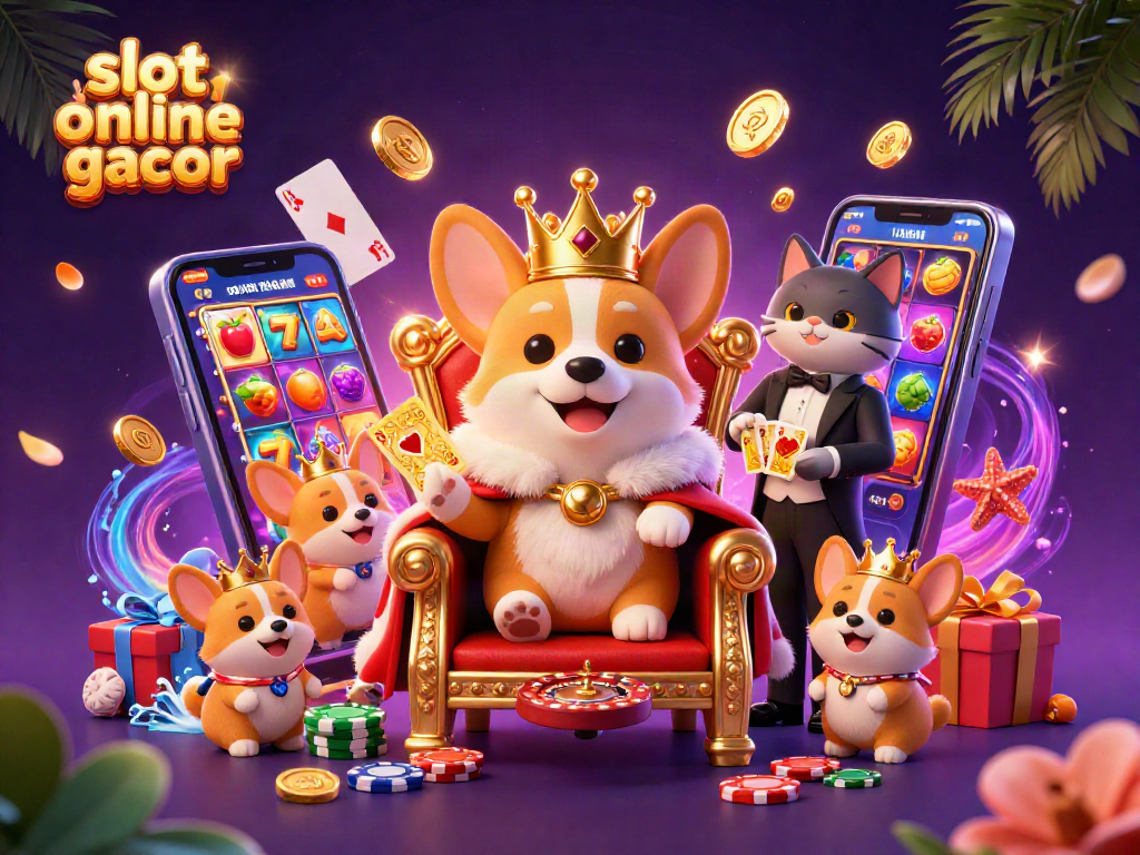 Experience thrilling wins with slot online gacor in this vibrant 3D illustration of a royal corgi surrounded by exciting casino elements.