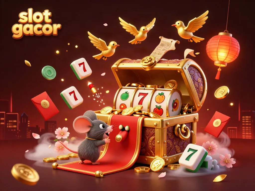 Experience the thrill of slot gacor with adventurous mice attracted to a treasure chest, surrounded by dynamic casino elements.