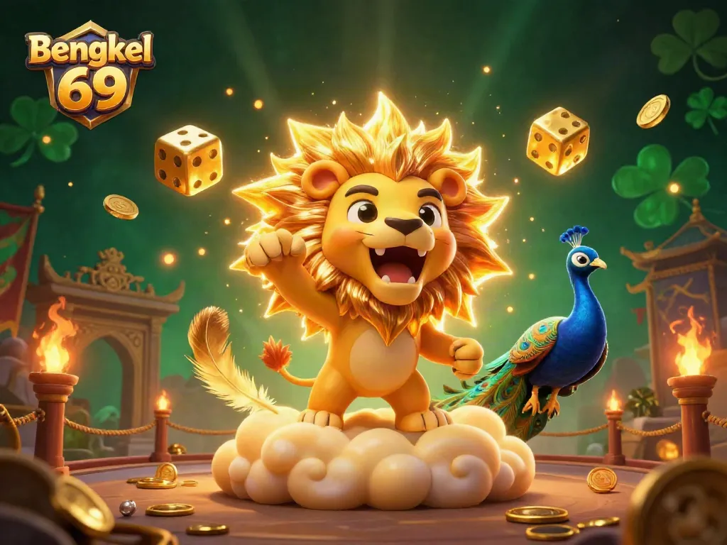 Bengkel 69 illuminates the casino world with its vibrant 3D illustration, showcasing a roaring lion and golden dice.