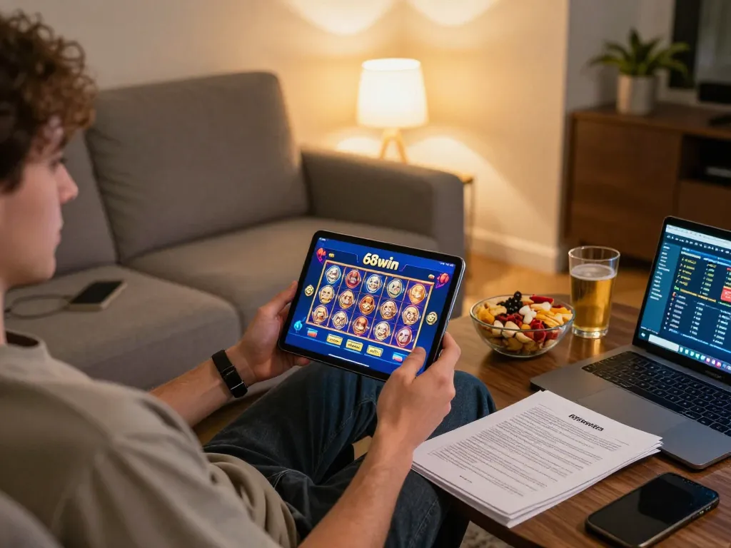 Engaging with the 68win casino app on a tablet in a cozy home setting, highlighting responsible gaming