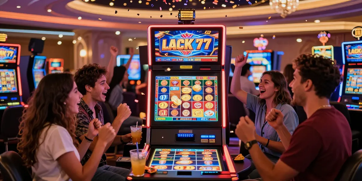 Exciting scene of friends celebrating a jackpot at a Lucky777 slot machine in a vibrant casino.