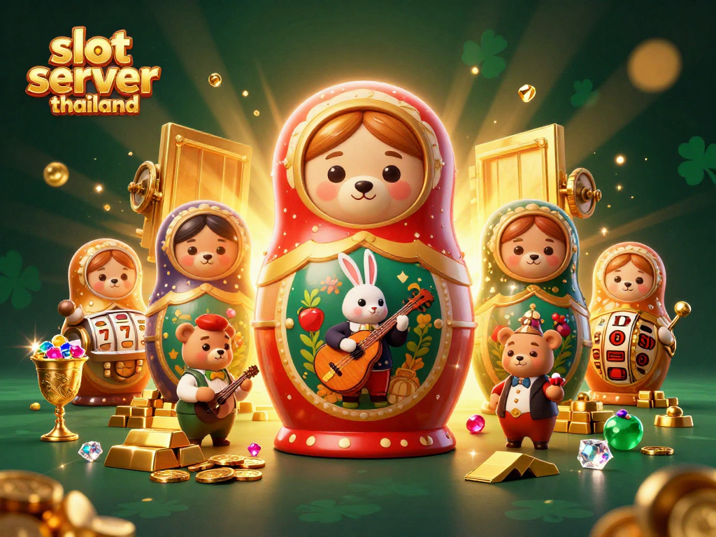 Engage with slot server Thailand in a lively cartoon scene featuring a Matryoshka bear and casino elements.
