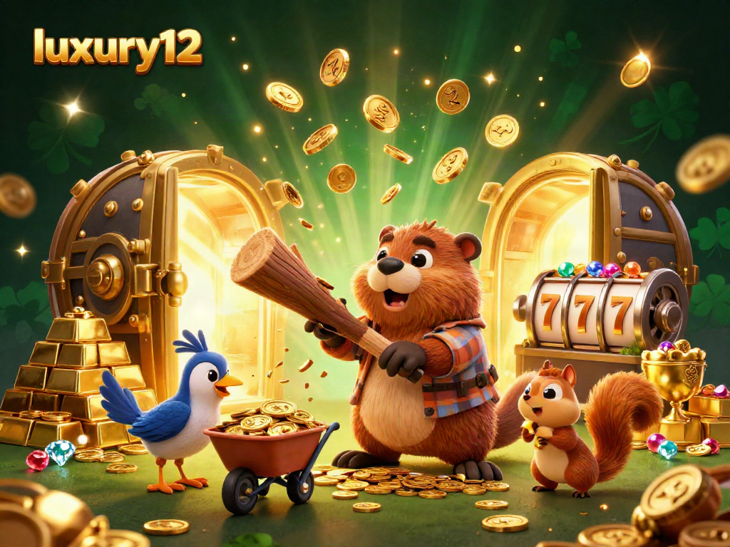 Experience luxury12 thrills with a lively scene of cartoon casino characters amidst gold and gems.