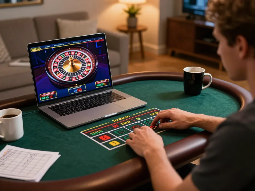 Kuwin player enjoying a live dealer game on a laptop at home with roulette wheel displayed.