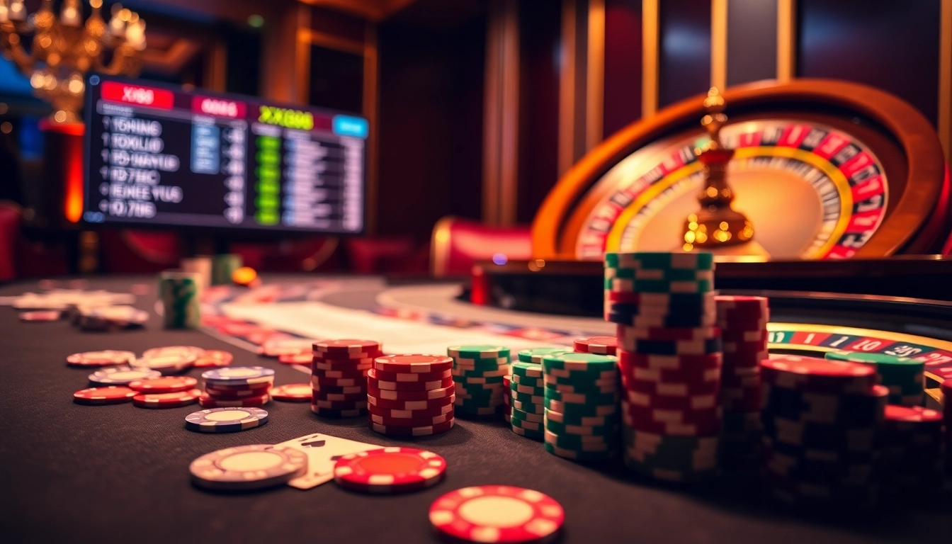 Gambling scene at XX88 casino with poker chips, cards, and roulette wheel.