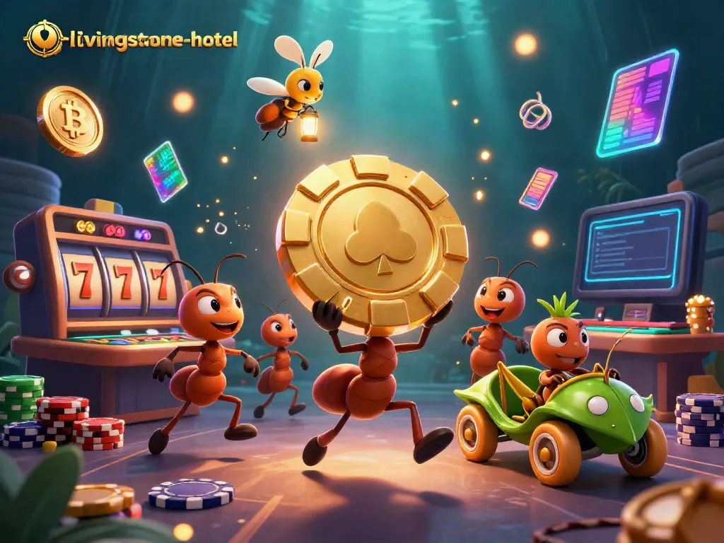 Gambarkan aksi mencuri chip poker raksasa di royal-livingstone-hotel dalam ilustrasi 3D yang menarik.