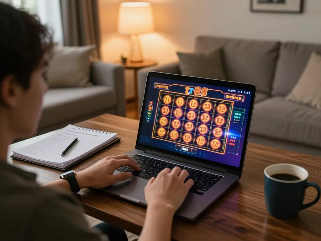 Exciting online gaming session with tr88 slots on laptop, showcasing strategic gameplay and cozy atmosphere