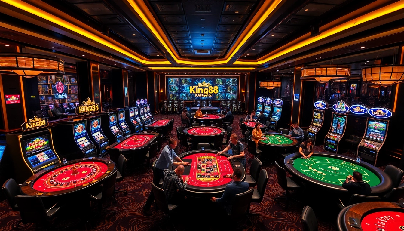 Engaging scene with players enjoying games at King88's luxurious casino tables.