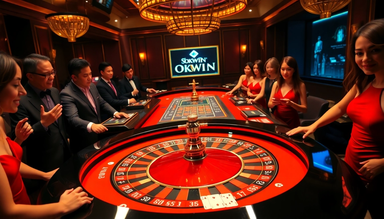Experience the thrill of OKWIN gaming at a luxurious casino with vibrant roulette and poker.