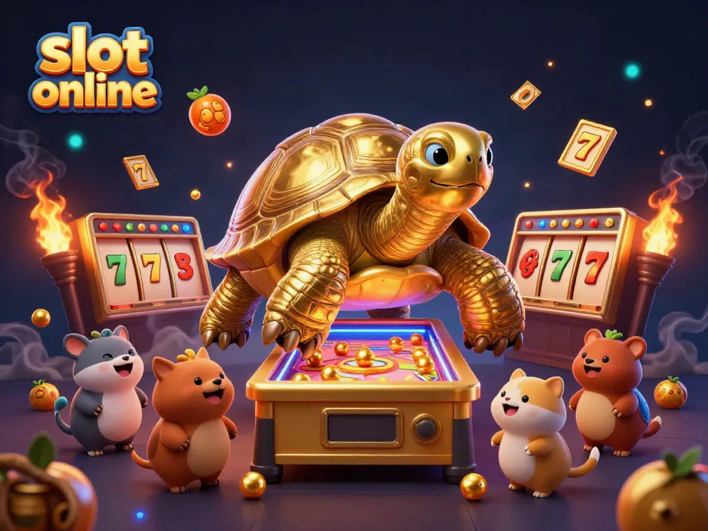 Experience exciting gameplay at slot online with a golden tortoise pinball machine surrounded by vibrant casino elements.
