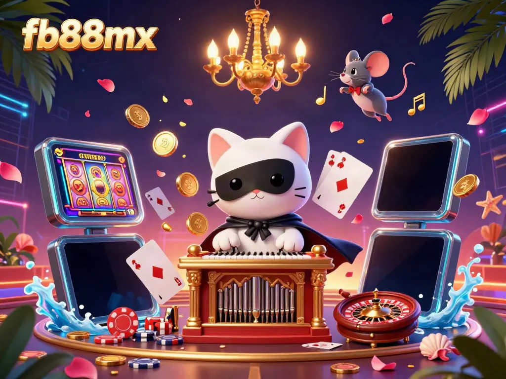 Engage with fb88mx in a vibrant 3D casino scene, featuring a phantom cat at an ornate organ, dynamic slot game visuals and lively acrobatics.