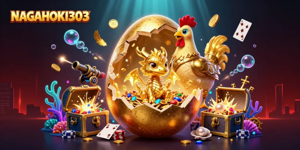 NAGAHOKI303 menampilkan ilustrasi kasino dengan telur emas raksasa dan naga berkilau di atas tumpukan chip poker