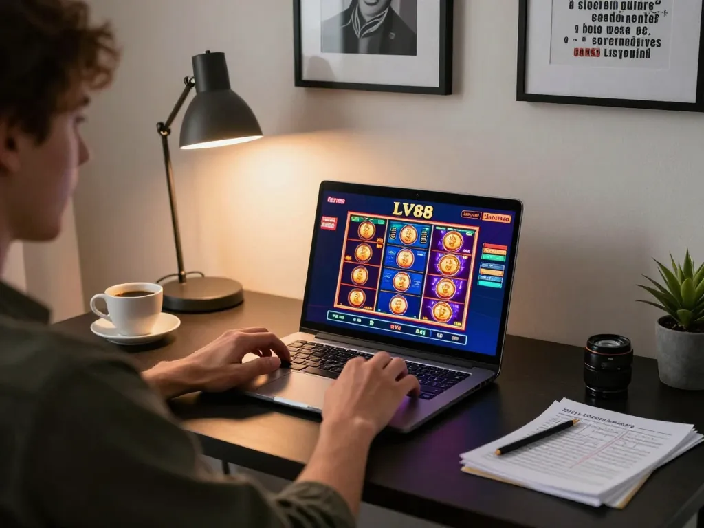 Engaging LV88 gaming session showing a player enjoying online slots at home, warm lighting enhancing the atmosphere