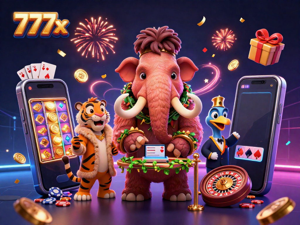 Join the excitement of 777x with a vibrant casino illustration featuring characters and gaming elements.