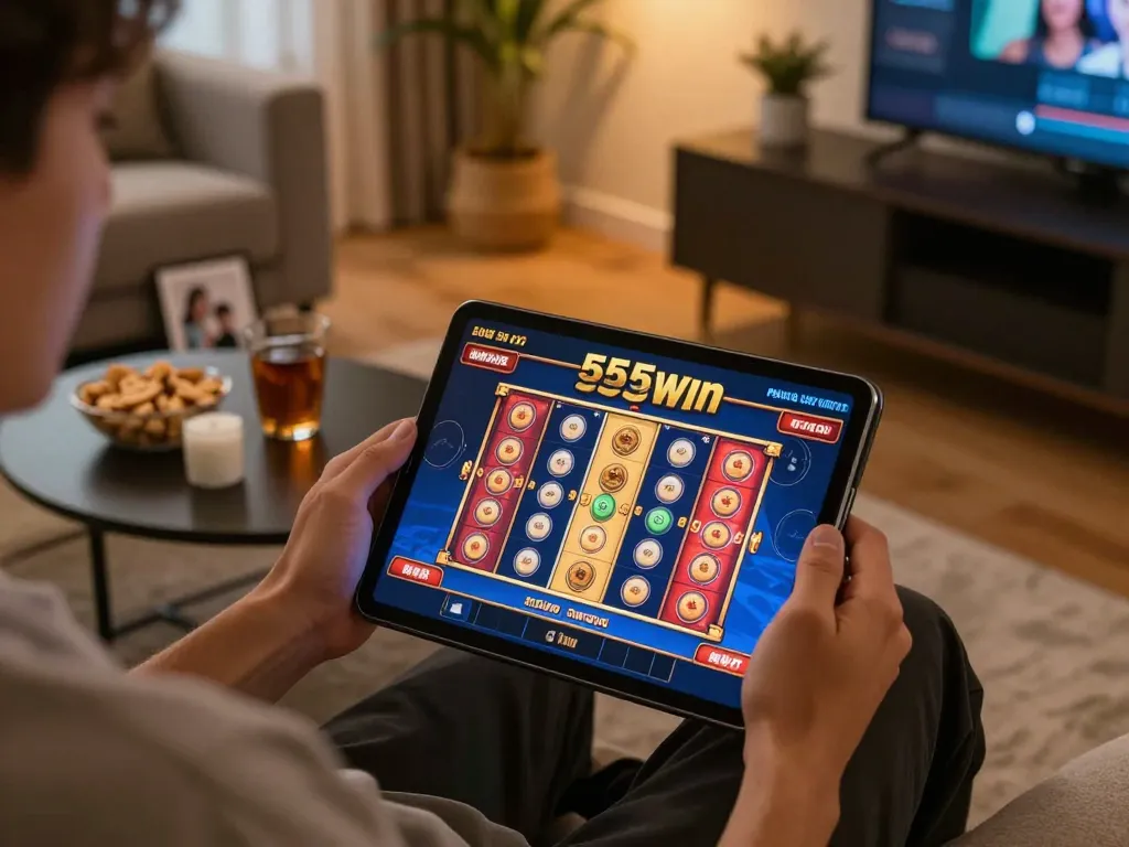 Playing thrilling slot games on 555win tablet in a cozy living room with snacks