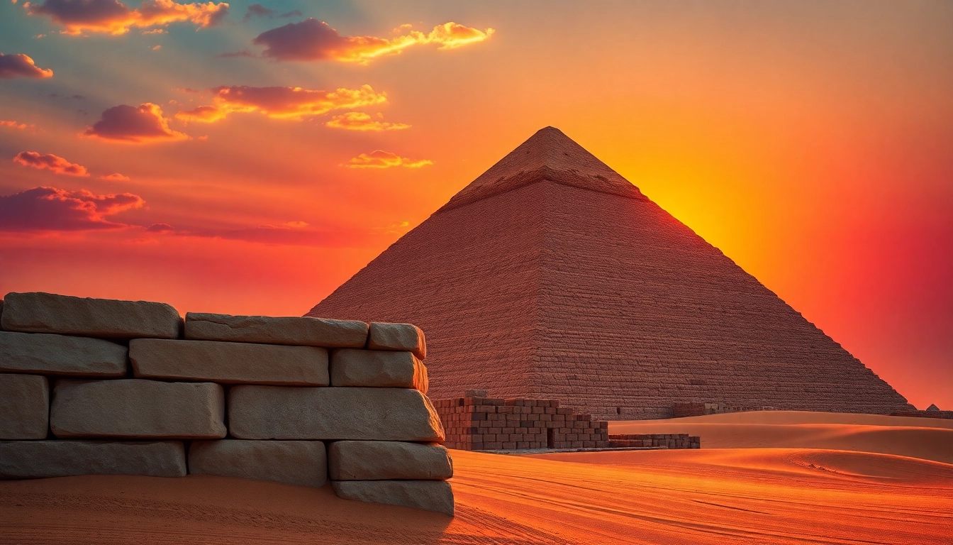 Witness the majestic Great Pyramid of Giza at sunset, spot the textures and stone details on https://piraminds.com/.