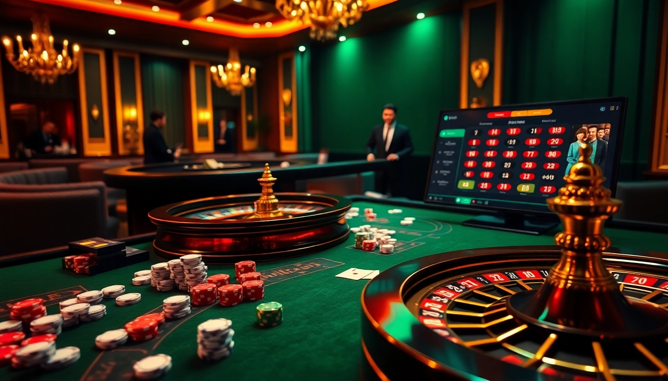 Experience the thrilling atmosphere of Rikvip with live poker and roulette games, showcasing vibrant casino elements.