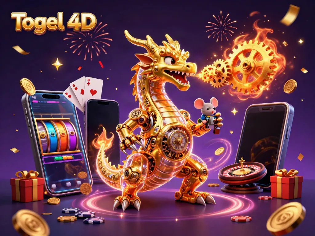 Visualisasikan Togel 4D dengan naga emas mekanis yang memancarkan koin dan elemen jackpot.