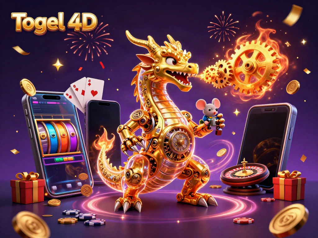 Visualisasikan Togel 4D dengan naga emas mekanis yang memancarkan koin dan elemen jackpot.