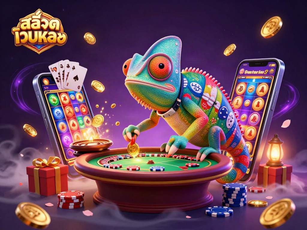 Engage with สล็อตเว็บตรง in a vibrant chameleon-themed casino world overflowing with games and excitement.