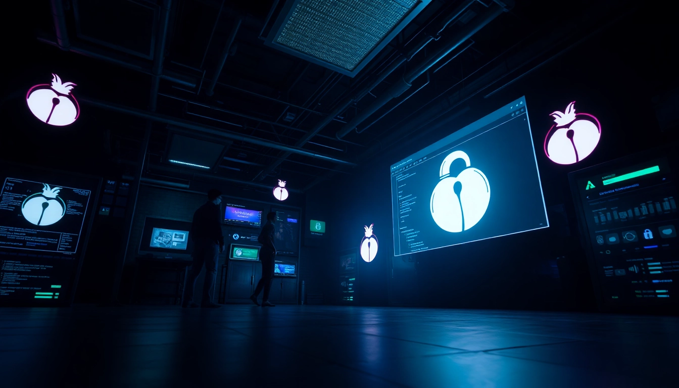 A virtual dark web scene highlighting hidden wiki elements with onion icons and security symbols.