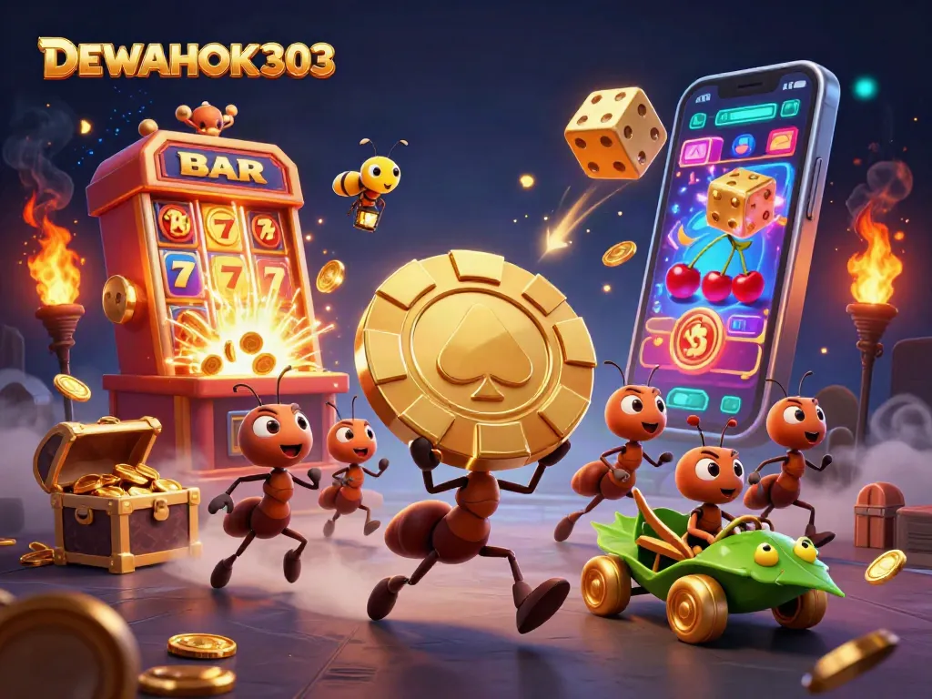 DEWAHOKI303, semut 3D menjalankan aksi pencurian poker chip emas dalam permainan kasino.