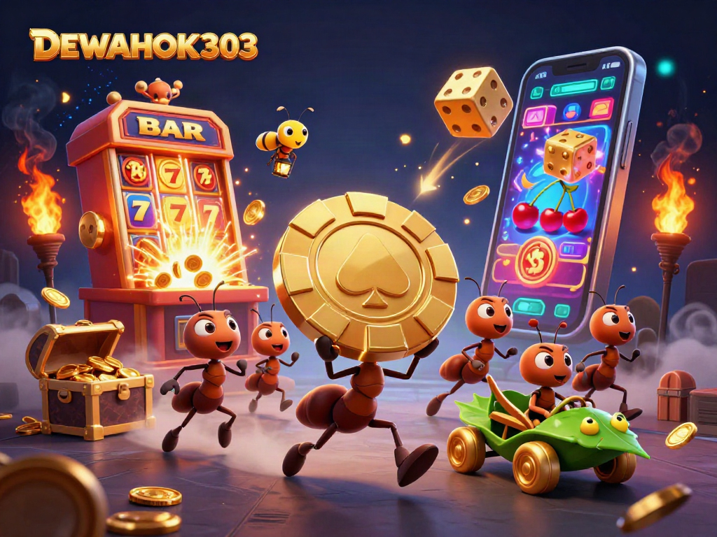 DEWAHOKI303, semut 3D menjalankan aksi pencurian poker chip emas dalam permainan kasino.