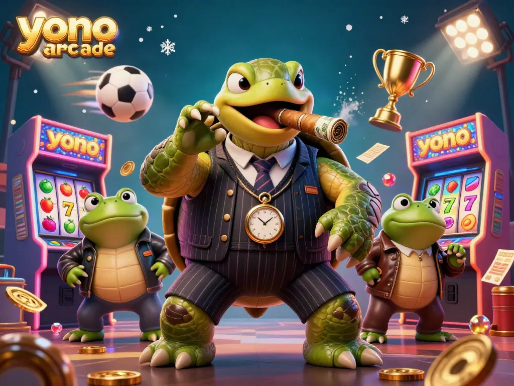 Experience the excitement of yono arcade with a vibrant illustration of a mobster turtle among slot games and dynamic elements.