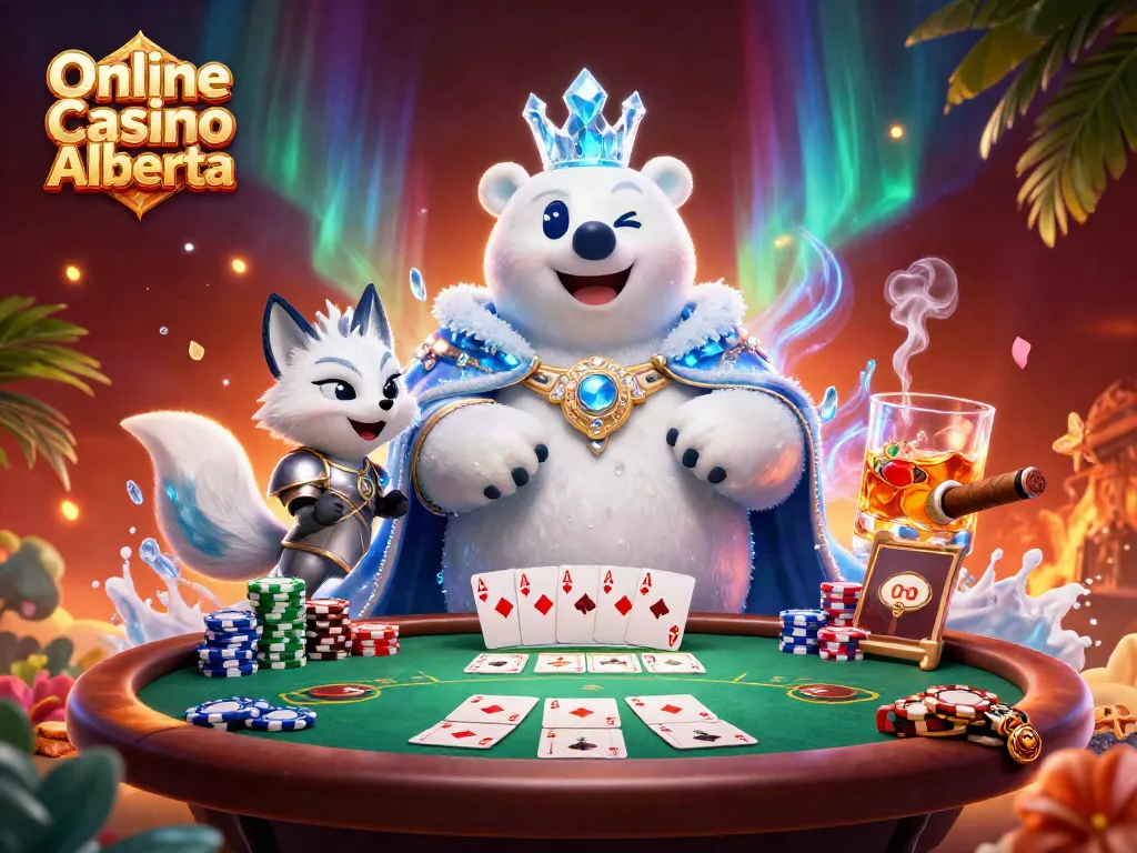 Experience the excitement of Online Casino Alberta with a vibrant 3D illustration featuring dynamic poker elements and characters.