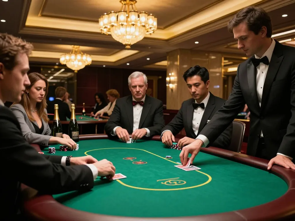 GO8 players strategizing at an upscale casino poker table, creating an intense atmosphere.