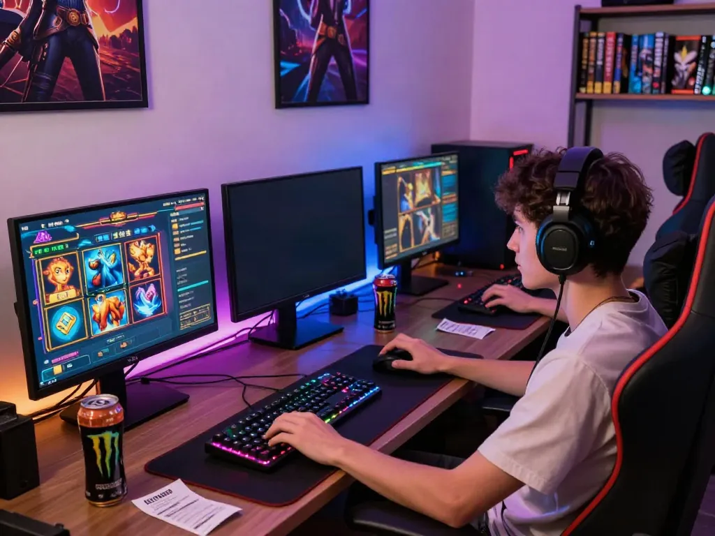 Player immersed in akunjp online gaming with dual screens and vibrant slot graphics.