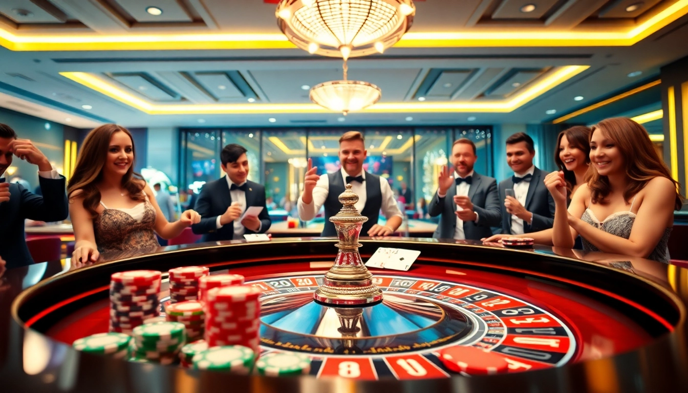 Engaging casino roulette scene highlighting players and a dealer at a vibrant table.