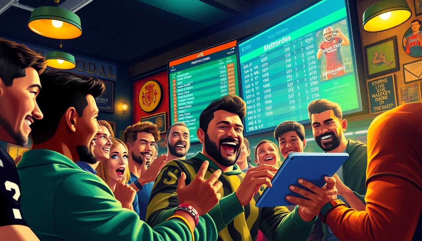 Engage in Sports Betting excitement as bettors enjoy a lively atmosphere in a sports bar.