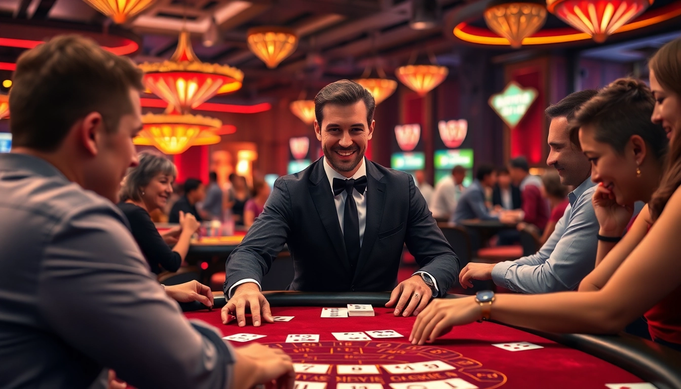 Experience thrilling games at a vibrant Blackjack Casino table with eager players.