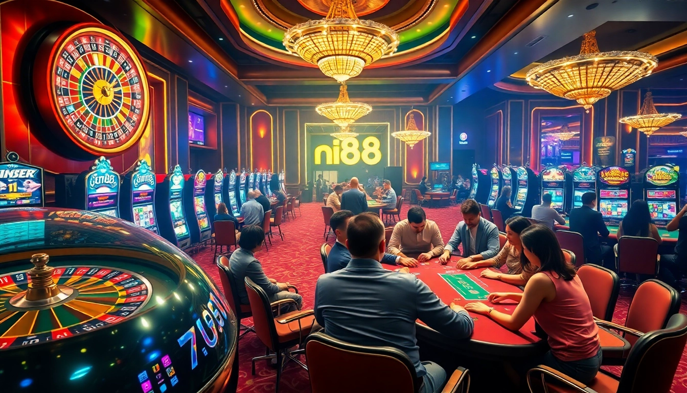 Gamblers engaging in vibrant casino action with nh88 promotions, roulette wheel, and poker tables.