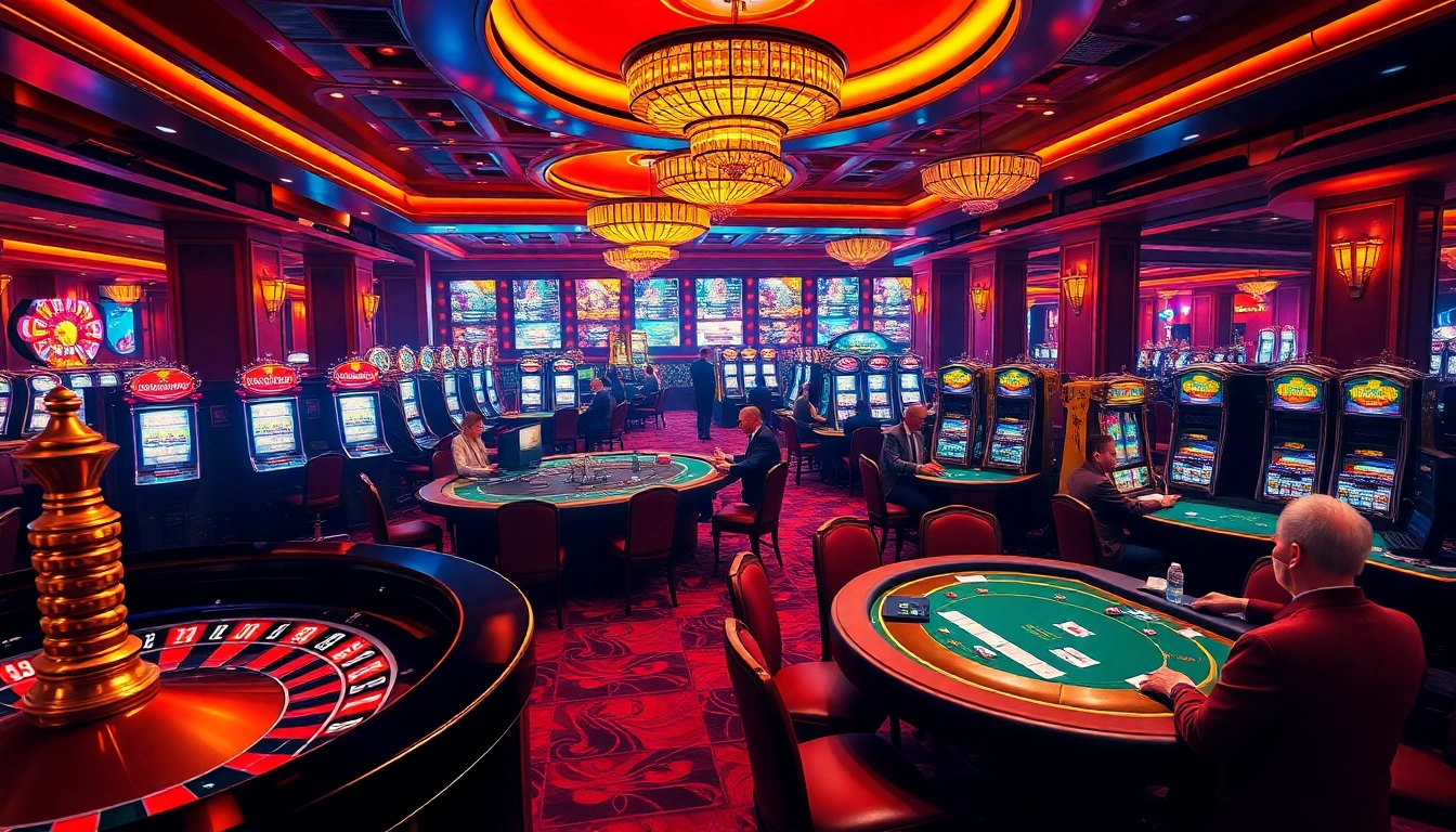 GK88 casino action with poker tables, roulette wheel, and vibrant slot machines