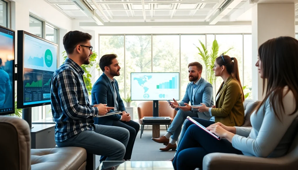 Marketing Agency team collaborating in modern office environment with digital tools and analytics.