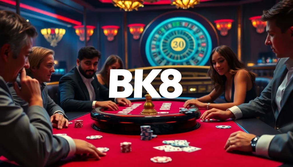 Players enjoying poker at a BK8 casino table, showcasing excitement and luxury.