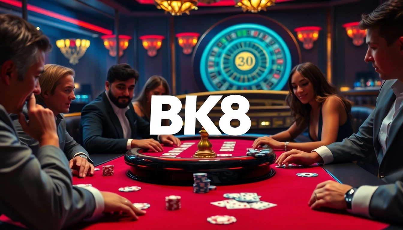 Players enjoying poker at a BK8 casino table, showcasing excitement and luxury.