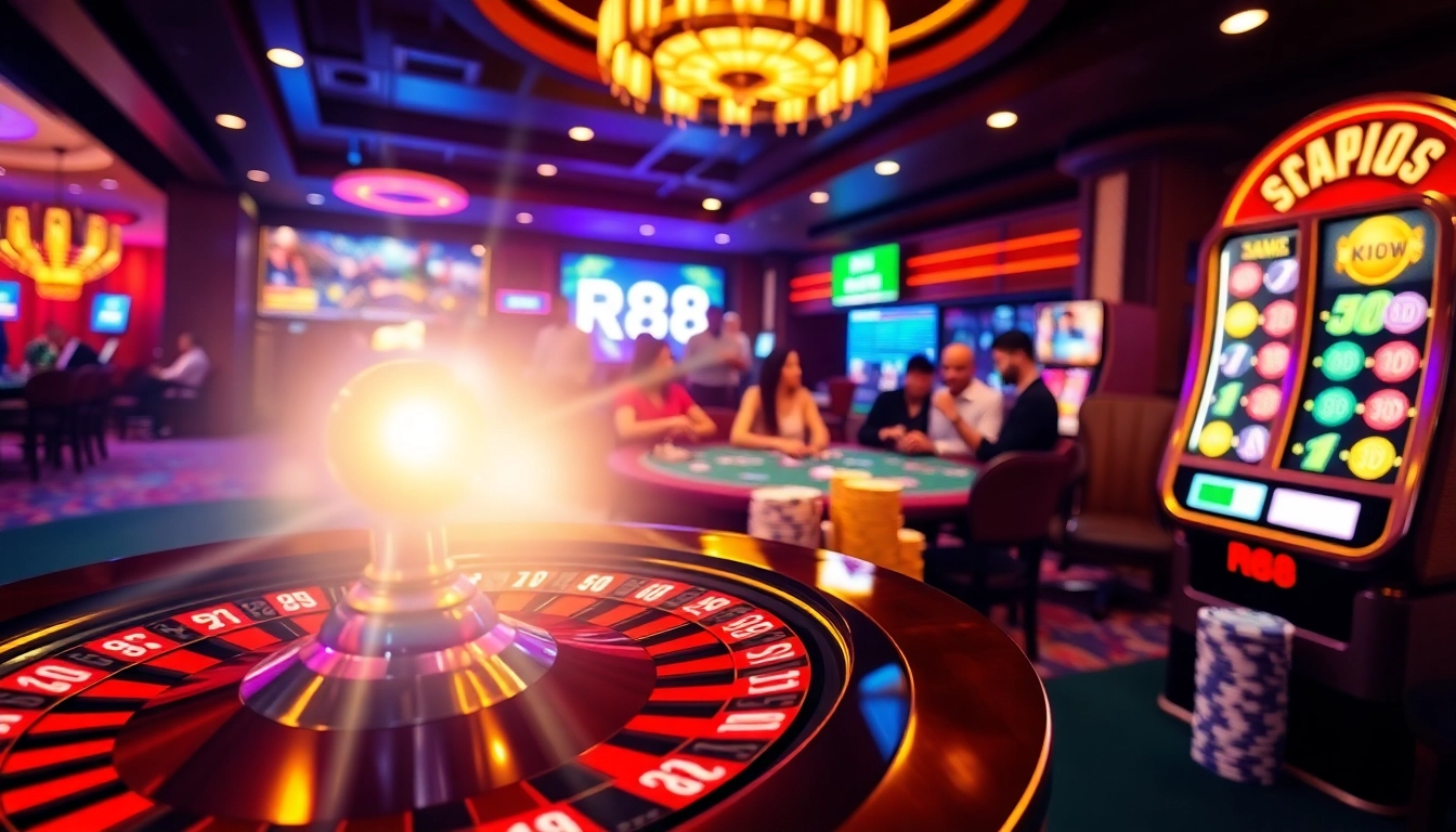 Engaging casino atmosphere showcasing RR88 with poker chips and roulette wheel.