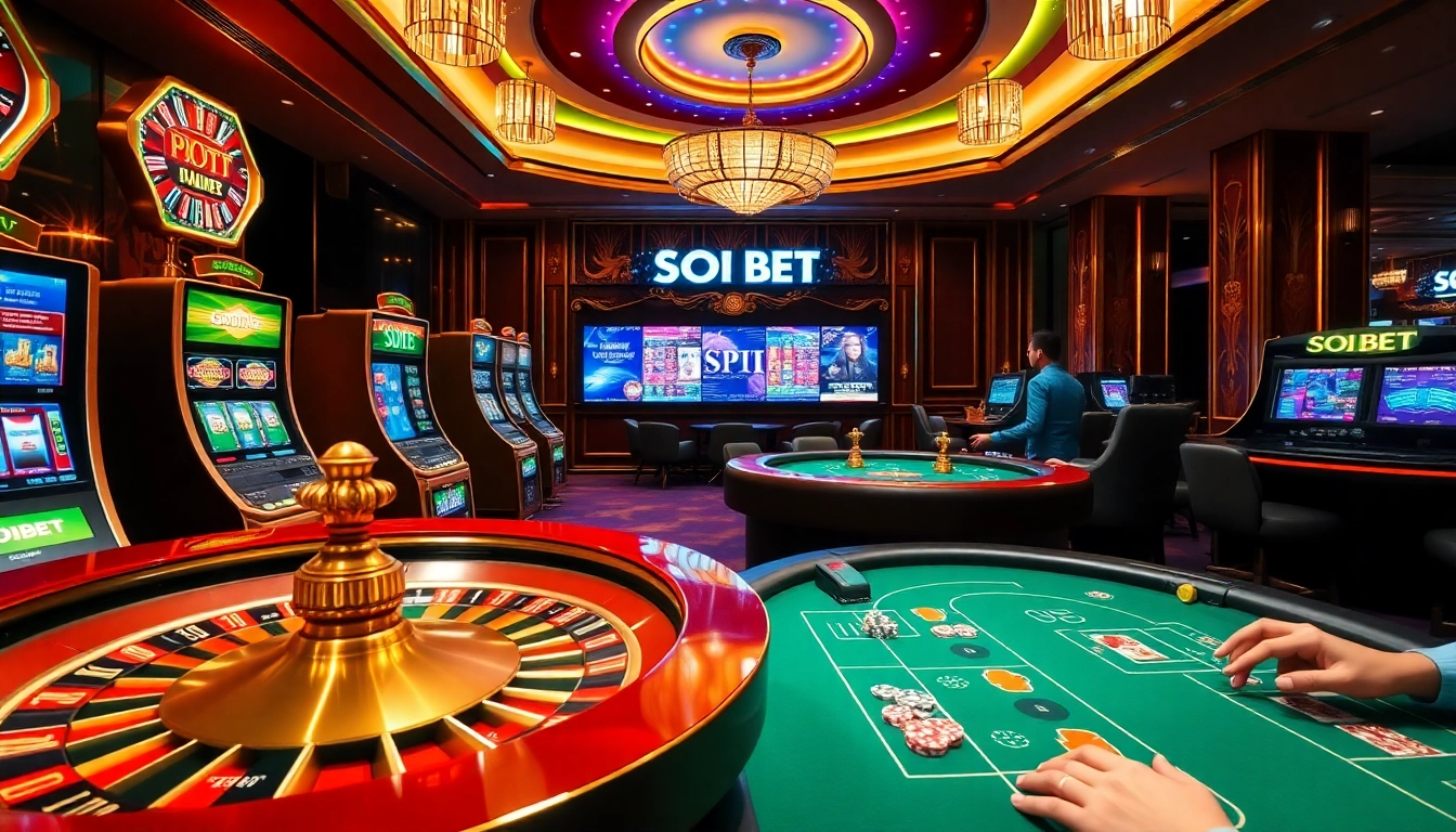 SOIBET showcases an exciting casino experience with vibrant slot machines and elegant poker setups.