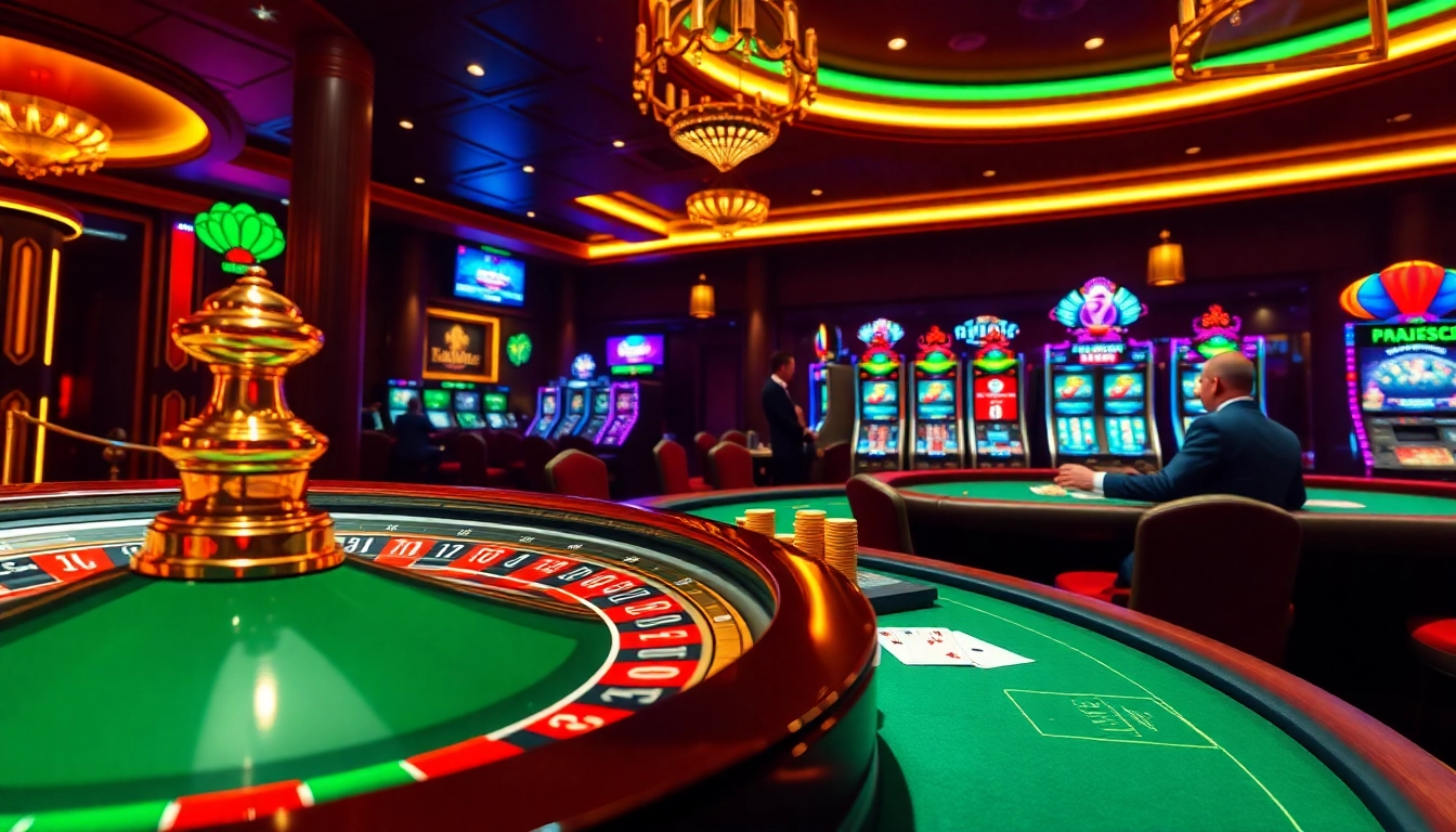 Experience the excitement of khuyến mãi okfun with players at a luxurious casino table under vibrant lights.