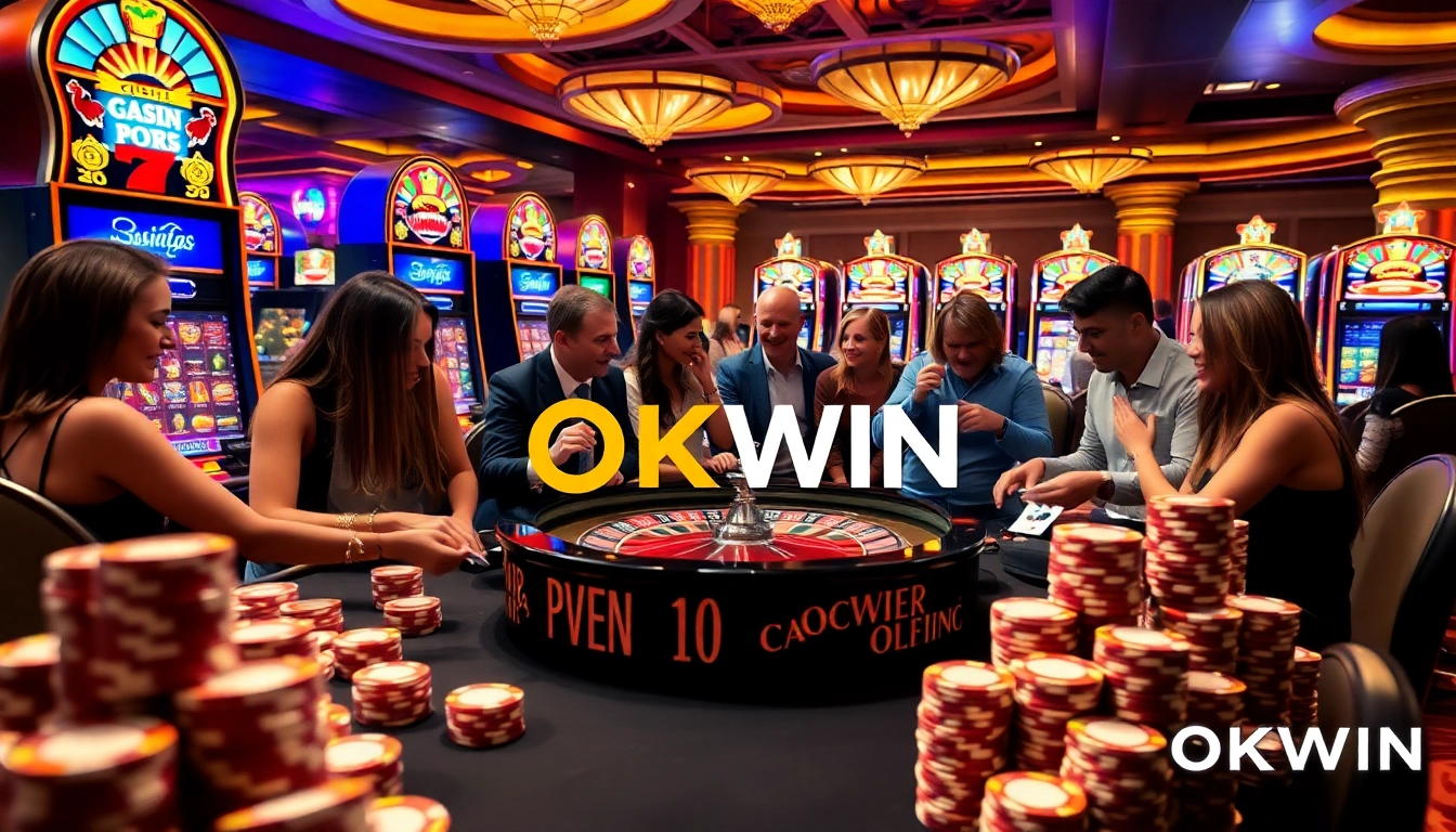 OKWIN players enjoying an exciting roulette game in a luxurious casino setting.