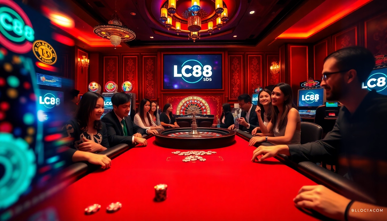 Experience the thrill of high-stakes poker at LC88.sbs, featuring luxurious casino tables and illuminated slot machines.